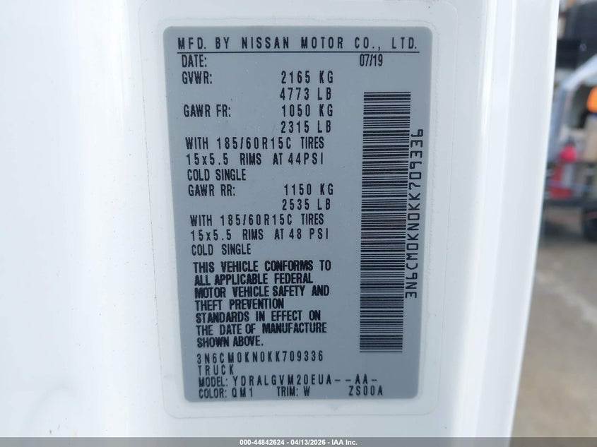 2019 Nissan Nv200 Sv VIN: 3N6CM0KN0KK709336 Lot: 44842624