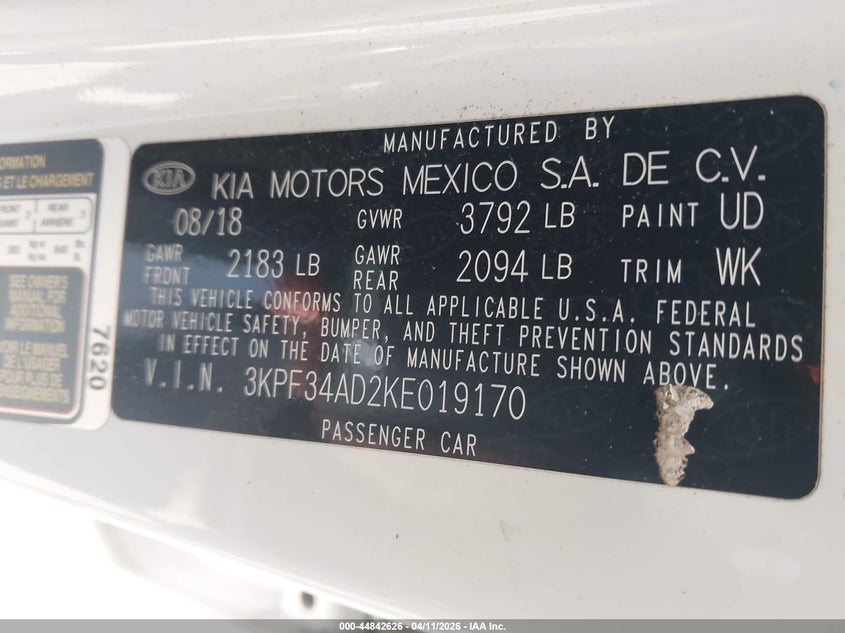 2019 Kia Forte 2.0 S white Lot 111044842626 Vin 3KPF34AD2KE019170