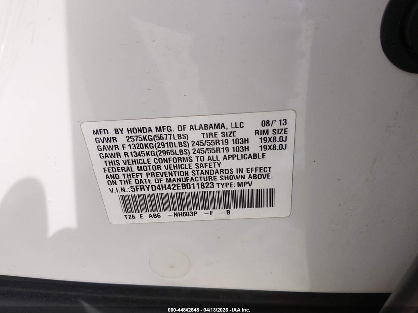 2014 Acura Mdx Technology Package VIN: 5FRYD4H42EB011823 Lot: 44842648