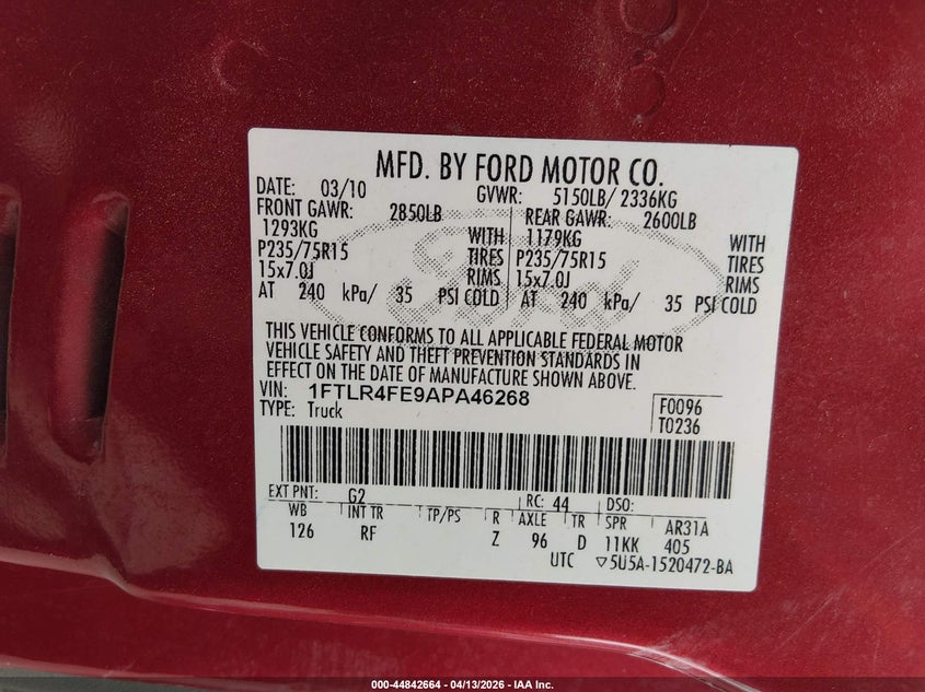 2010 Ford Ranger Sport/Xlt VIN: 1FTLR4FE9APA46268 Lot: 44842664