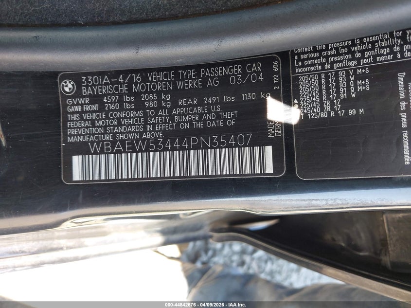 2004 BMW 330Xi VIN: WBAEW53444PN35407 Lot: 44842676
