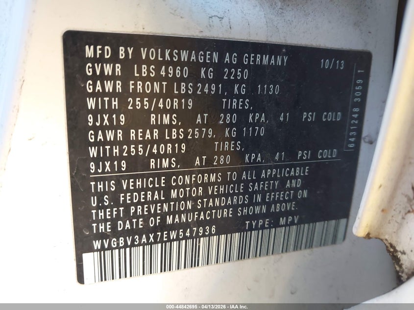 2014 Volkswagen Tiguan R-Line VIN: WVGBV3AX7EW547936 Lot: 44842695