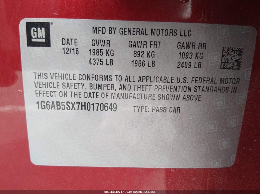 2017 Cadillac Ats Luxury Rwd VIN: 1G6AB5SX7H0170649 Lot: 44842717