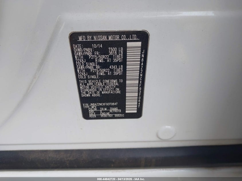 2015 Infiniti Qx80 VIN: JN8AZ2NCXF9370647 Lot: 44842720