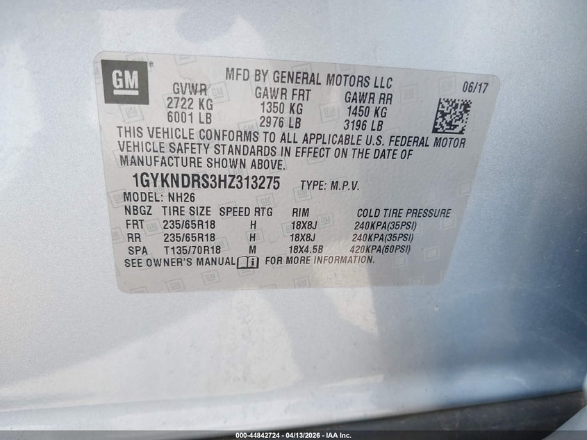 2017 Cadillac Xt5 Luxury VIN: 1GYKNDRS3HZ313275 Lot: 44842724