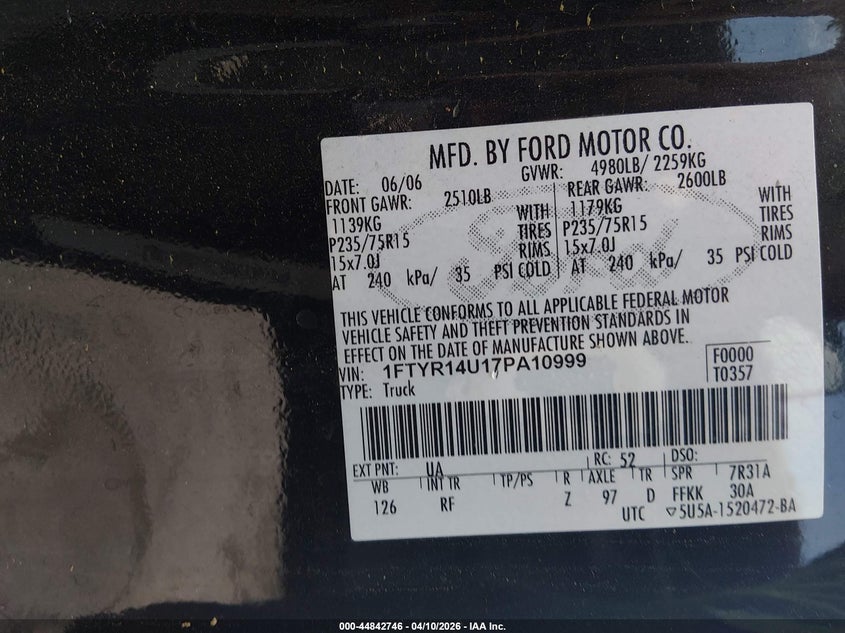 2007 Ford Ranger Sport/Stx/Xl/Xlt VIN: 1FTYR14U17PA10999 Lot: 44842746