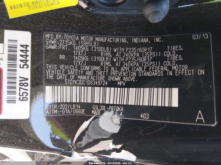 2013 Toyota Sienna Xle V6 8 Passenger VIN: 5TDYK3DC1DS349724 Lot: 44842775