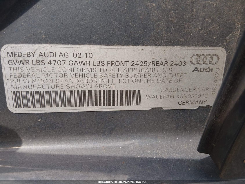 2010 Audi A4 2.0T Premium VIN: WAUEFAFLXAN052913 Lot: 44842780