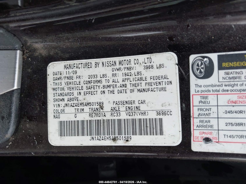 2010 Nissan 370Z Touring VIN: JN1AZ4EH5AM501589 Lot: 44842781