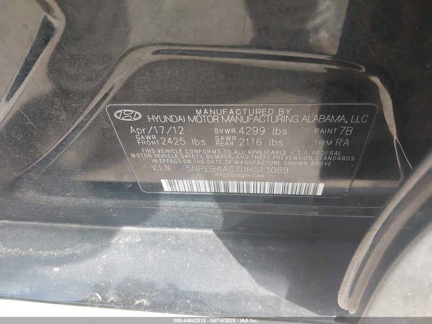 2013 Hyundai Sonata Gls VIN: 5NPEB4AC7DH513089 Lot: 44842815