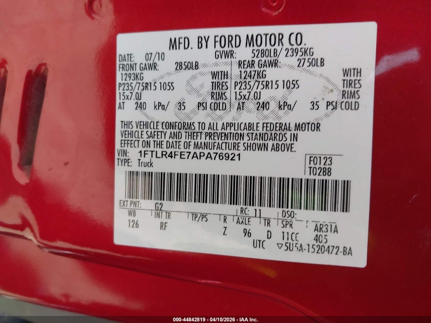 2010 Ford Ranger Xlt VIN: 1FTLR4FE7APA76921 Lot: 44842819