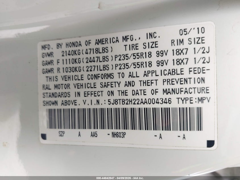 2010 Acura Rdx VIN: 5J8TB2H22AA004346 Lot: 44842847