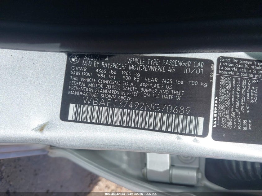 2002 BMW 325I VIN: WBAET37492NG70689 Lot: 44842854