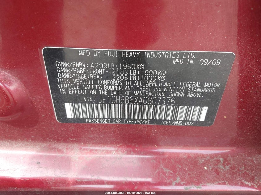 2010 Subaru Impreza 2.5I Premium VIN: JF1GH6B6XAG807376 Lot: 44842858