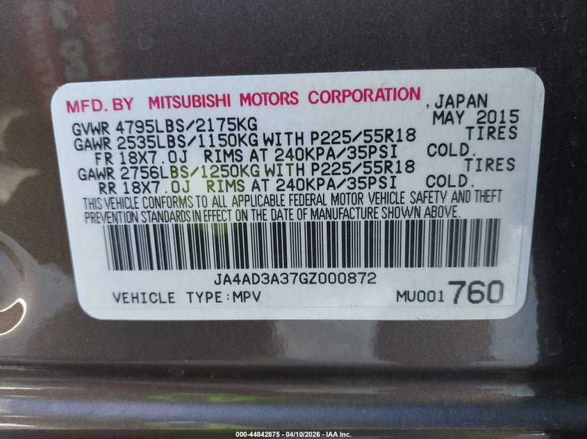 2016 Mitsubishi Outlander Sel VIN: JA4AD3A37GZ000872 Lot: 44842875
