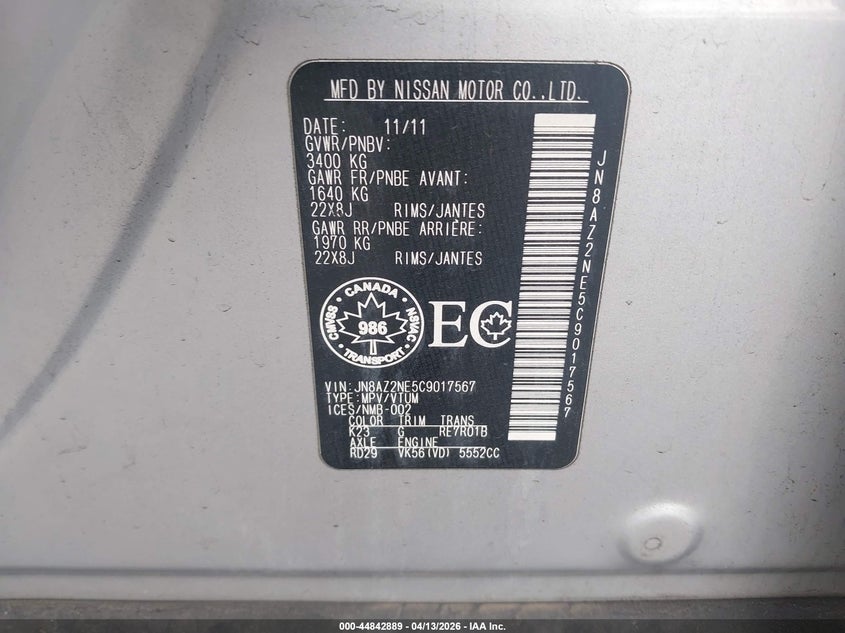 2012 Infiniti Qx56 VIN: JN8AZ2NE5C9017567 Lot: 44842889