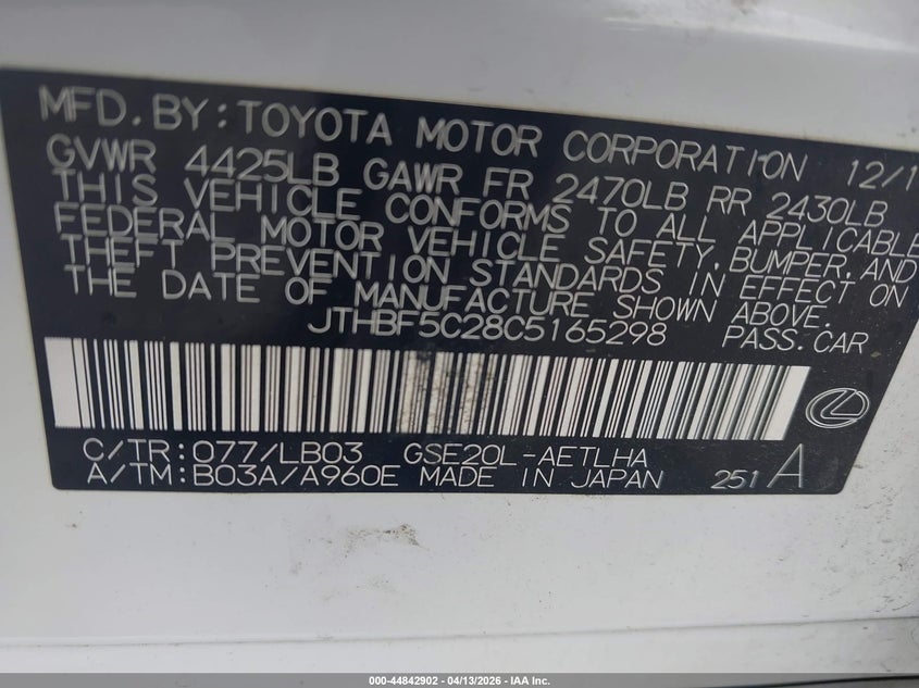 2012 Lexus Is 250 VIN: JTHBF5C28C5165298 Lot: 44842902