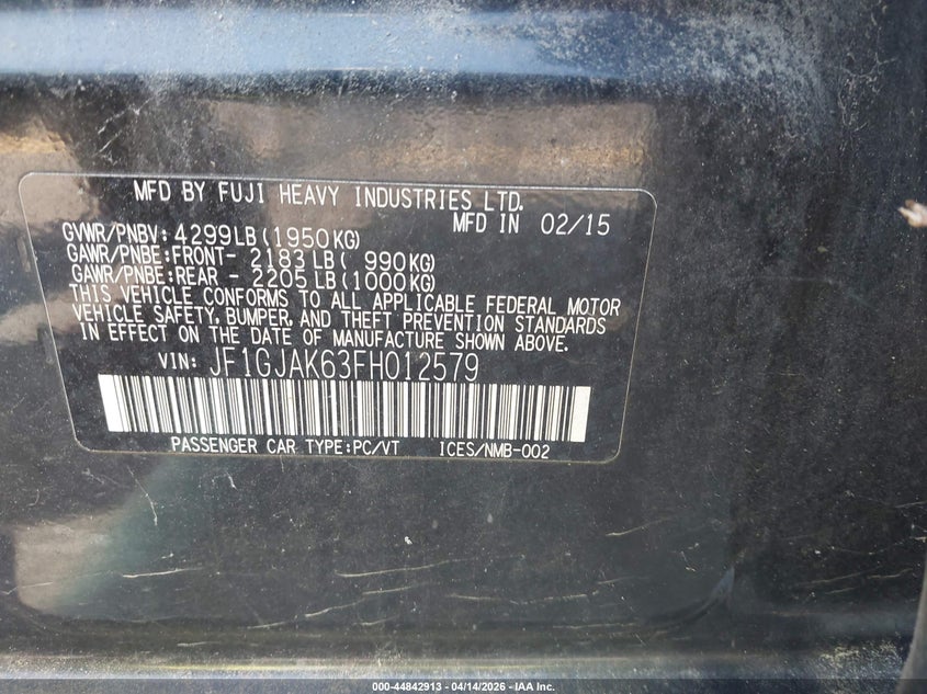 2015 Subaru Impreza 2.0I Premium VIN: JF1GJAK63FH012579 Lot: 44842913