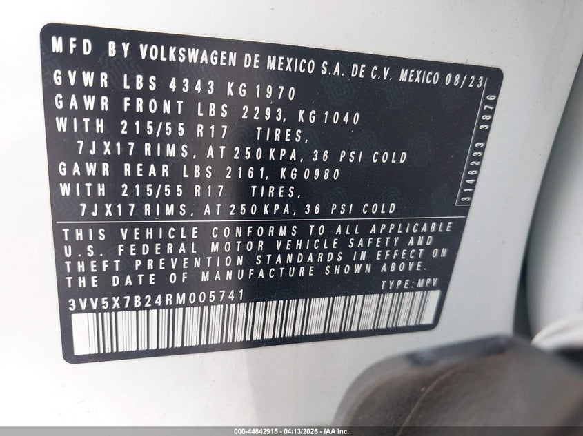 2024 Volkswagen Taos 1.5T S VIN: 3VV5X7B24RM005741 Lot: 44842915