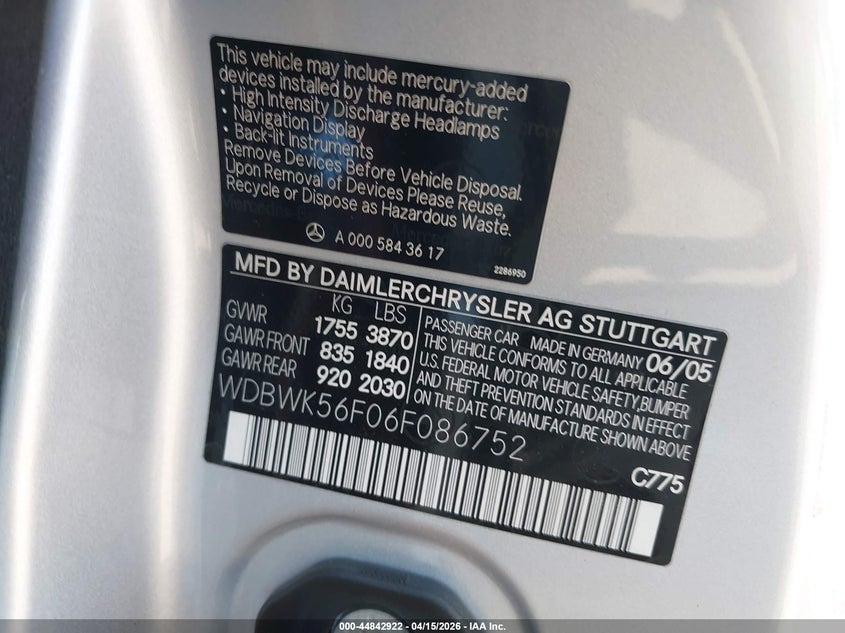 2006 Mercedes-Benz Slk 350 VIN: WDBWK56F06F086752 Lot: 44842922