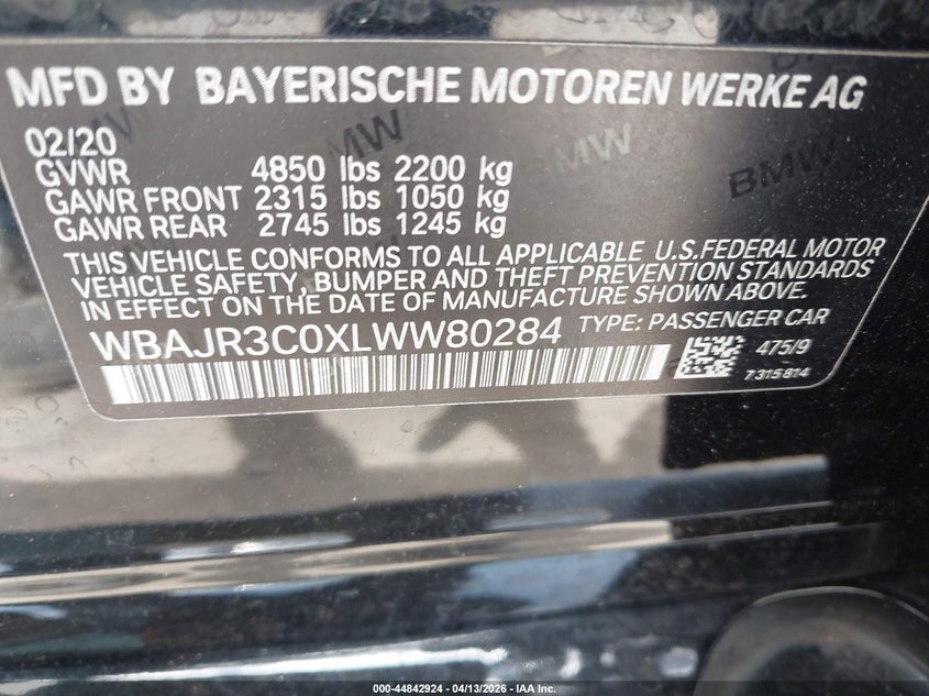 2020 BMW 530I VIN: WBAJR3C0XLWW80284 Lot: 44842924