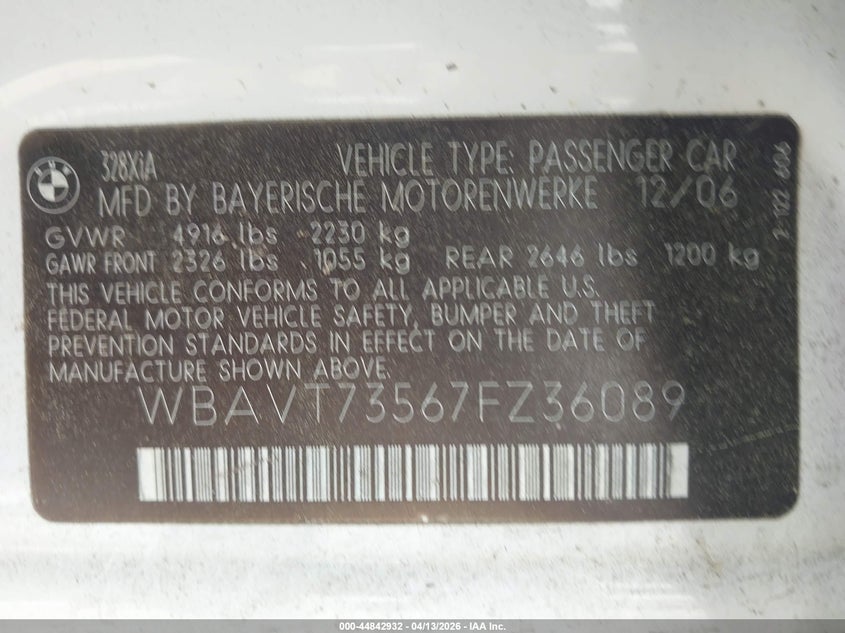 2007 BMW 328Xi VIN: WBAVT73567FZ36089 Lot: 44842932