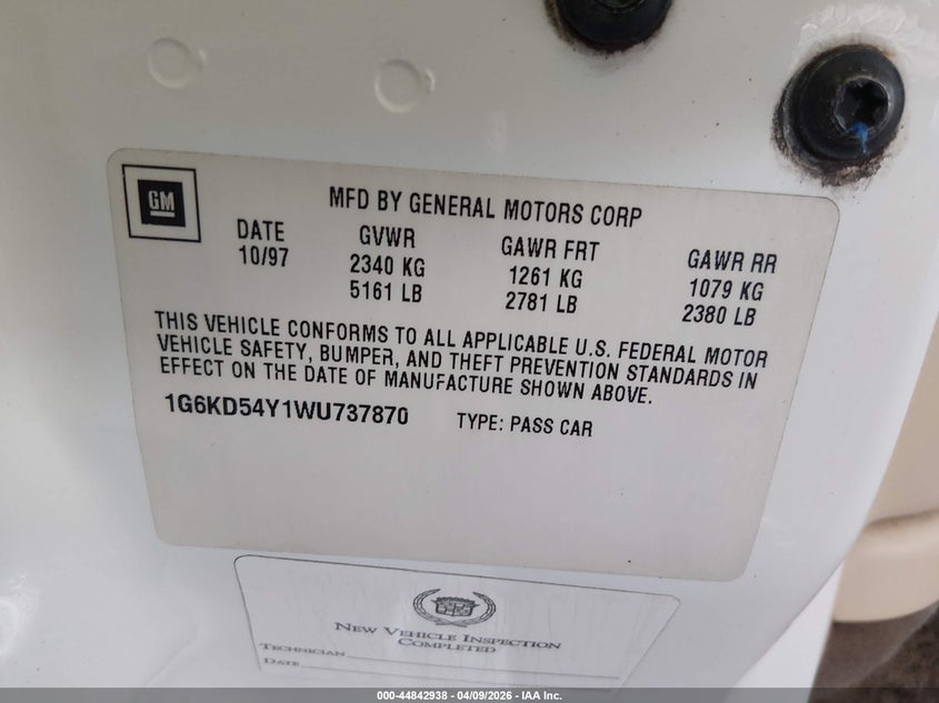 1998 Cadillac Deville Standard VIN: 1G6KD54Y1WU737870 Lot: 44842938