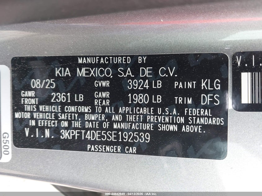 2025 Kia K4 2.0 Lxs grey Lot 111044842949 Vin 3KPFT4DE5SE192539