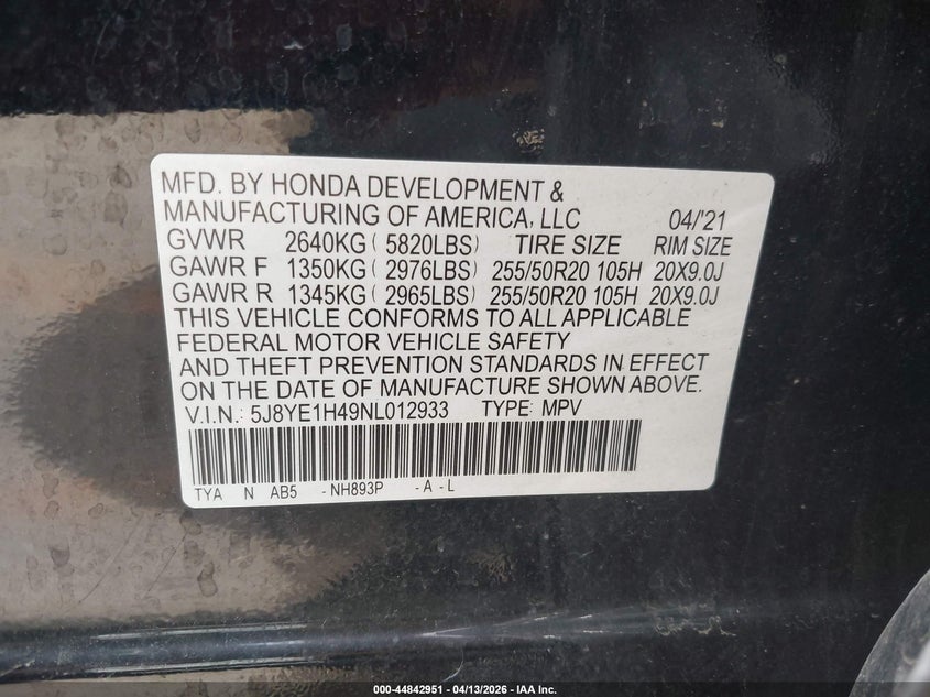2022 Acura Mdx Technology Package VIN: 5J8YE1H49NL012933 Lot: 44842951