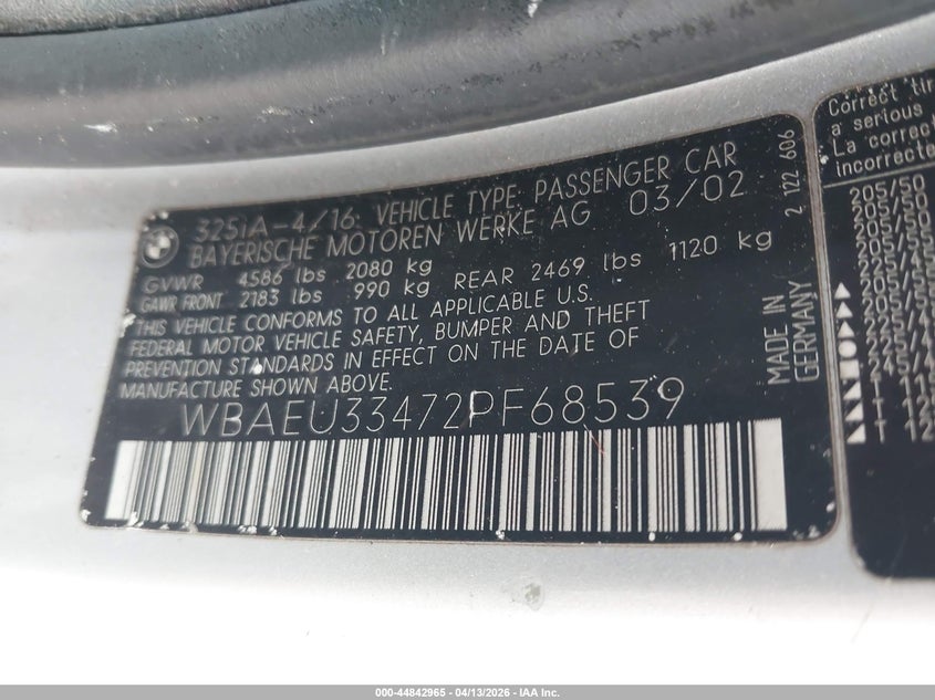 2002 BMW 325Xi VIN: WBAEU33472PF68539 Lot: 44842965