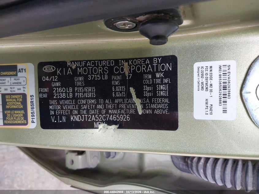 2012 Kia Soul VIN: KNDJT2A52C7465926 Lot: 44842986