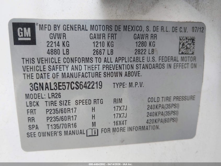 2012 CHEVROLET CAPTIVA SPORT SPORT UTILITY VEHICLE 3.0L V-6 DI, DOHC, VVT, 264HP