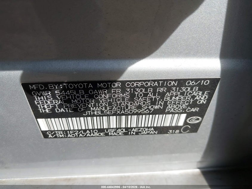 2010 Lexus Ls 460 VIN: JTHBL5EFXA5099567 Lot: 44842996