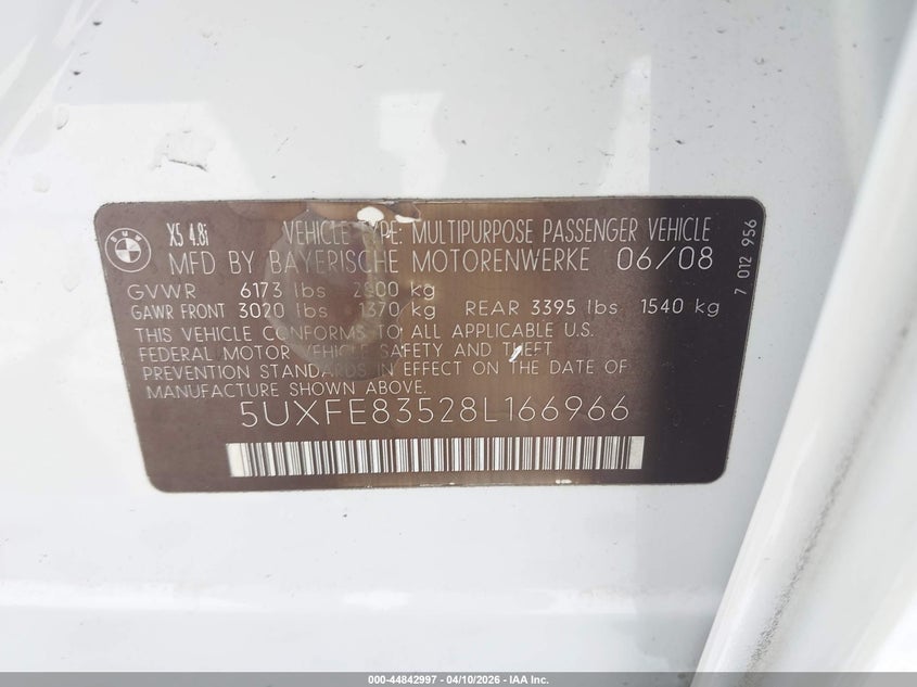 2008 BMW X5 4.8I VIN: 5UXFE83528L166966 Lot: 44842997