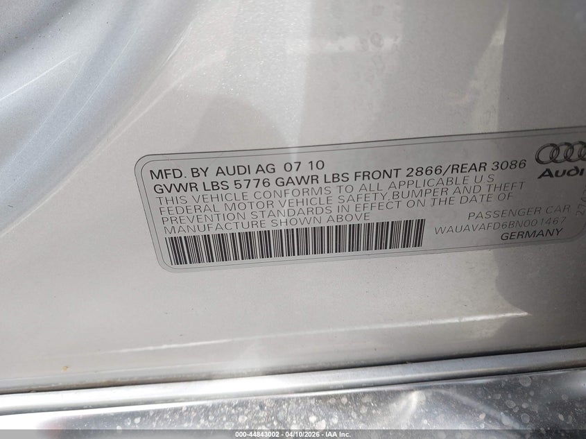 2011 Audi A8 4.2 VIN: WAUAVAFD6BN001467 Lot: 44843002