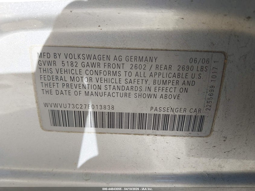 2007 Volkswagen Passat 3.6 VIN: WVWVU73C27E013838 Lot: 44843055