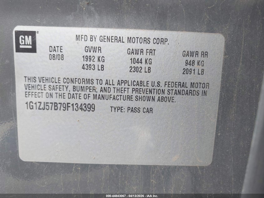 2009 Chevrolet Malibu Lt VIN: 1G1ZJ57B79F134399 Lot: 44843067