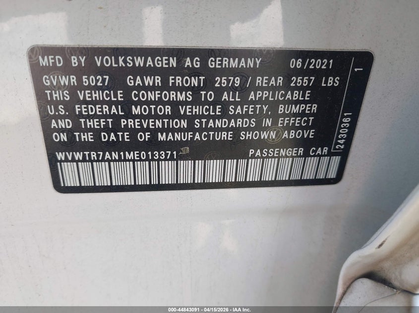 2021 Volkswagen Arteon 2.0T Sel Premium R-Line VIN: WVWTR7AN1ME013371 Lot: 44843091