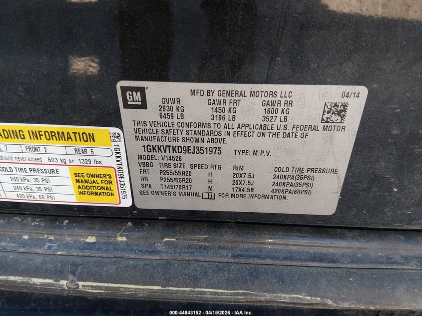 2014 GMC Acadia Denali VIN: 1GKKVTKD9EJ351975 Lot: 44843152