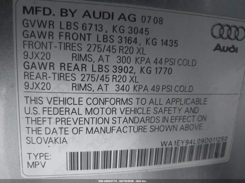 2009 Audi Q7 3.6 Premium VIN: WA1EY94L09D011250 Lot: 44843174