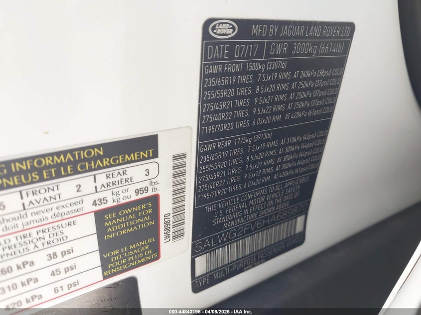 2017 Land Rover Range Rover Sport 3.0L V6 Supercharged Se VIN: SALWG2FV6HA689870 Lot: 44843196