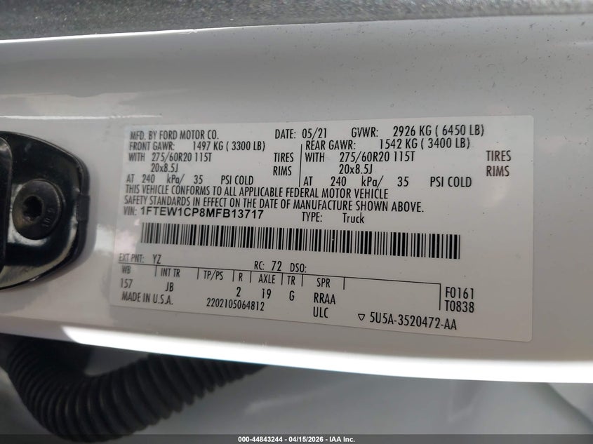 2021 Ford F-150 Xl VIN: 1FTEW1CP8MFB13717 Lot: 44843244