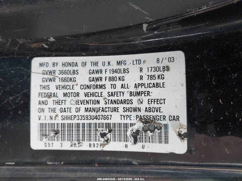 2003 Honda Civic Si VIN: SHHEP33593U407667 Lot: 44843245