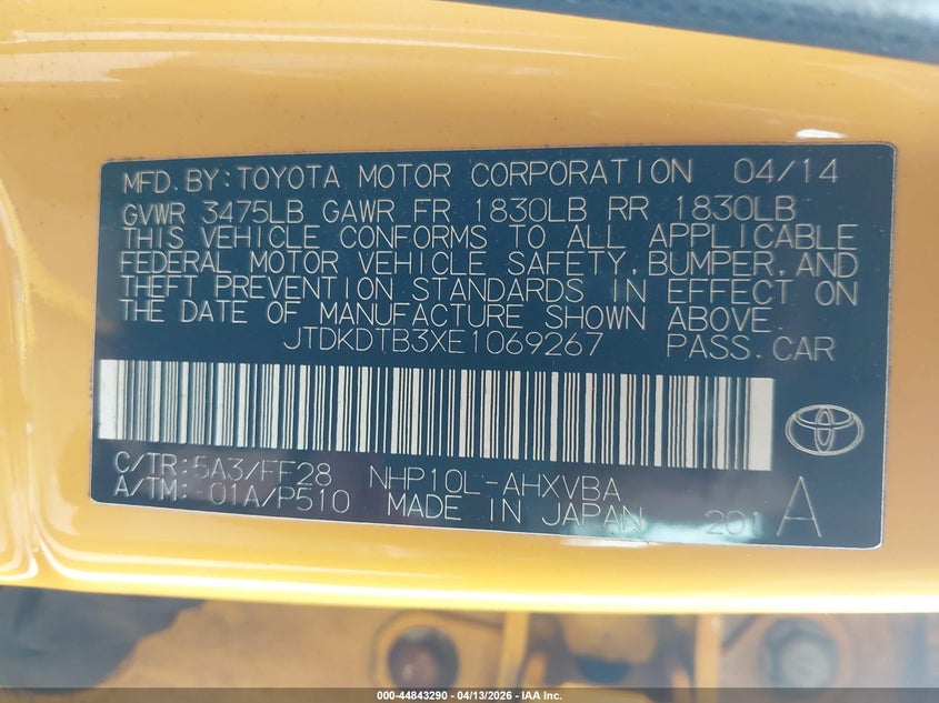 2014 Toyota Prius C Two VIN: JTDKDTB3XE1069267 Lot: 44843290
