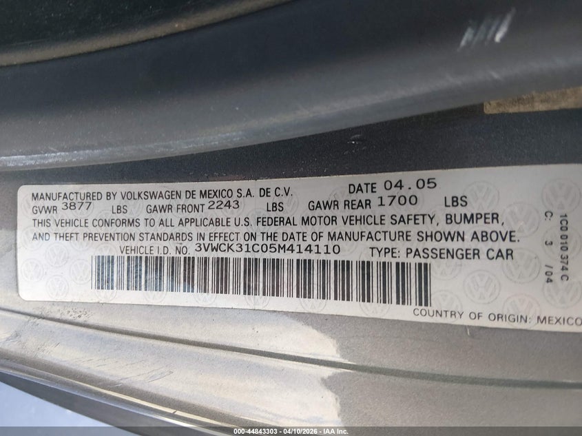 2005 Volkswagen New Beetle Gls VIN: 3VWCK31C05M414110 Lot: 44843303