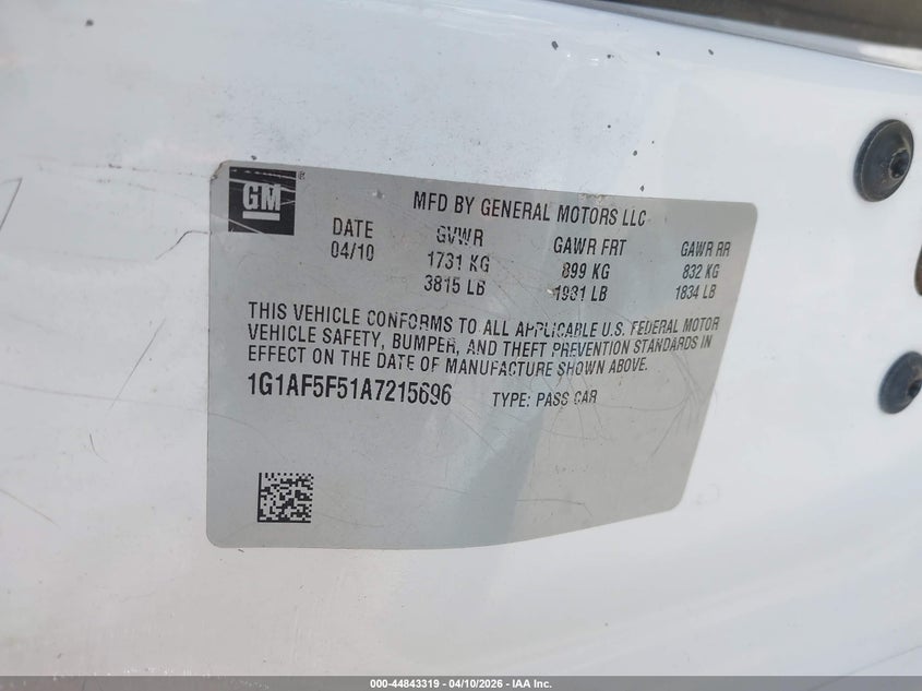 2010 Chevrolet Cobalt Lt VIN: 1G1AF5F51A7215696 Lot: 44843319