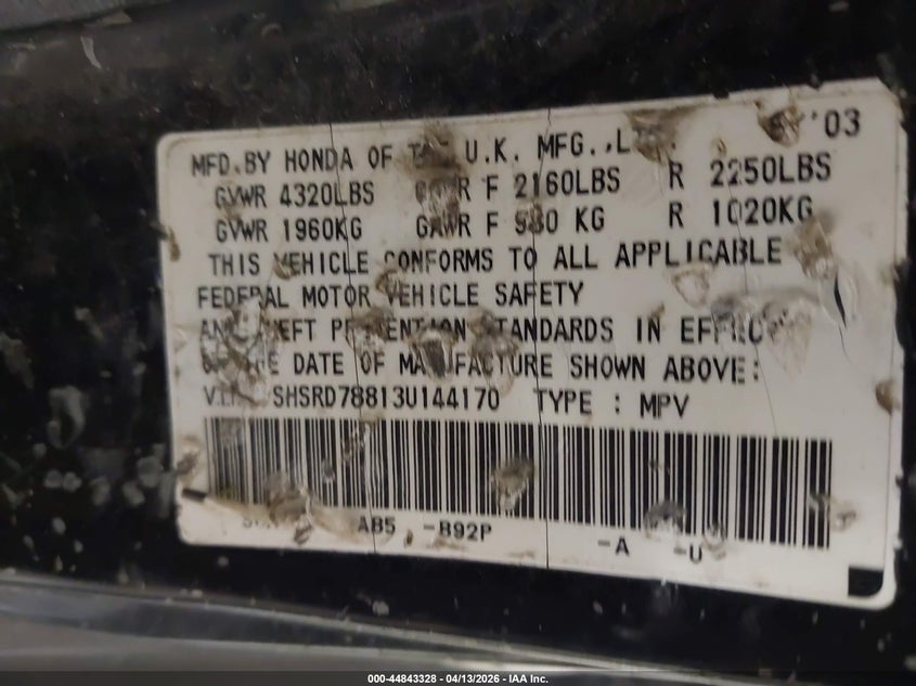 2003 Honda Cr-V Ex VIN: SHSRD78813U144170 Lot: 44843328