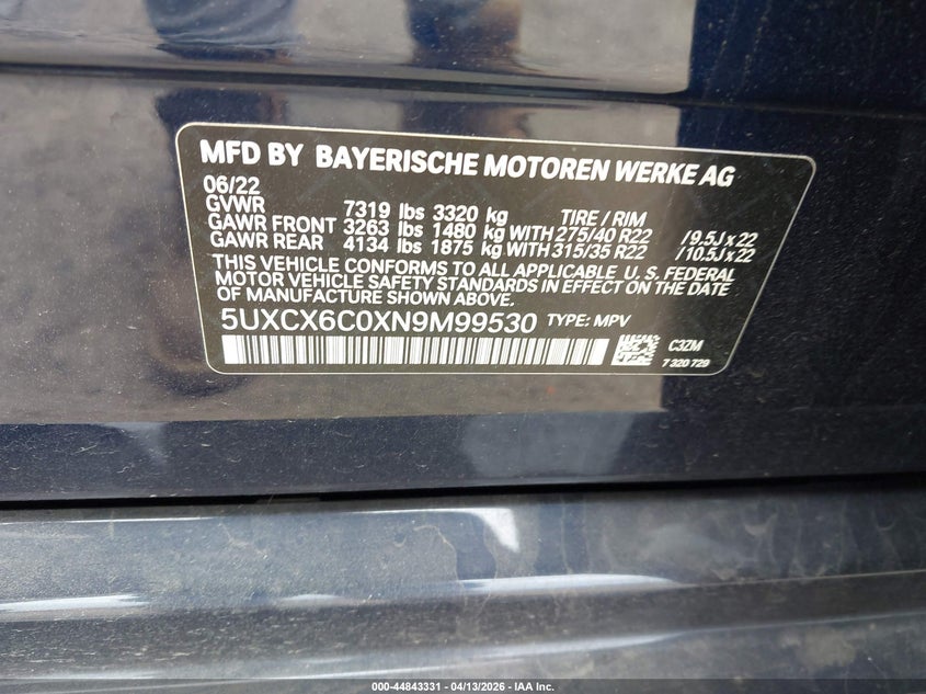 2022 BMW X7 M50I VIN: 5UXCX6C0XN9M99530 Lot: 44843331