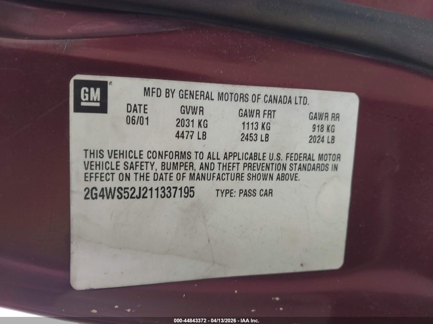 2001 Buick Century Custom VIN: 2G4WS52J211337195 Lot: 44843372