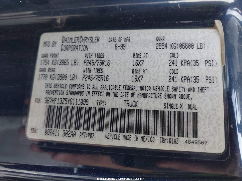 2000 Dodge Ram 1500 St VIN: 3B7HF13Z5YG111099 Lot: 44843382